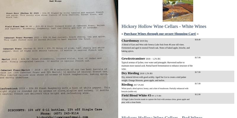 Hickory Hollow Wine Cellars Menu