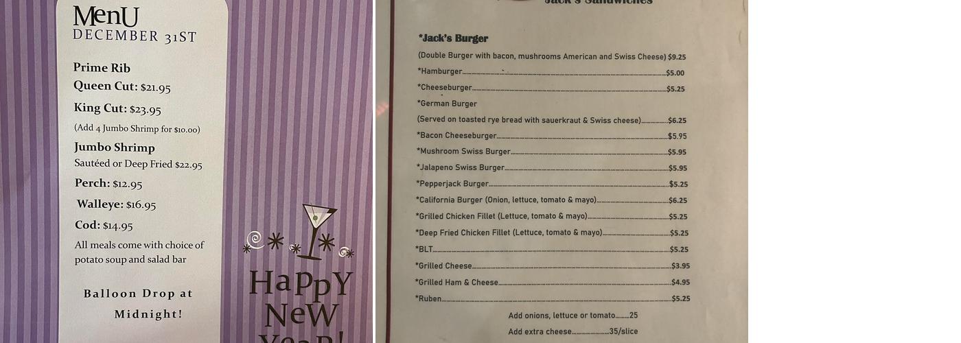 Jacks Corner Bar Menu