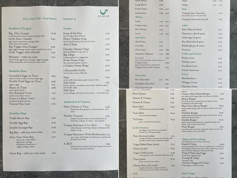 Alice Park Cafe Menu