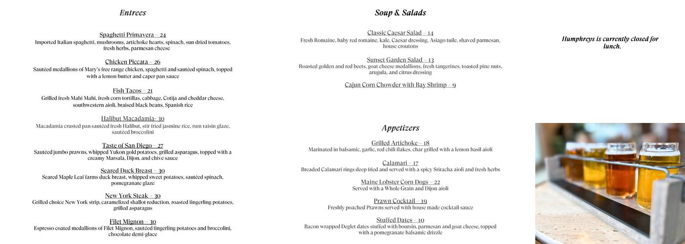 Humphreys La Jolla Grill Menu