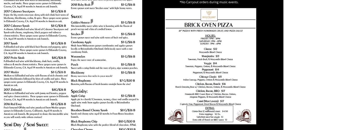 Holtkamp Winery Menu