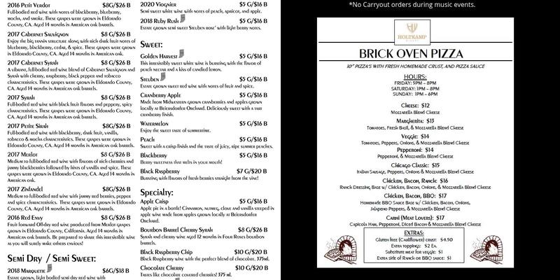 Holtkamp Winery Menu