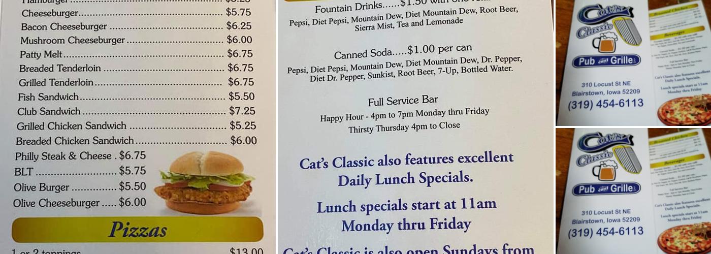 Cat's Classic Pub and Grille Menu