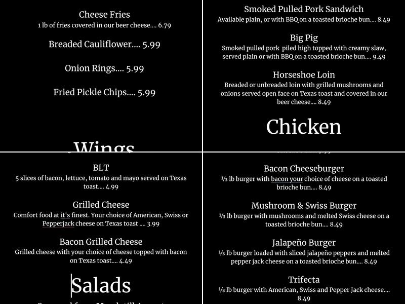 The Horseshoe Tap Menu