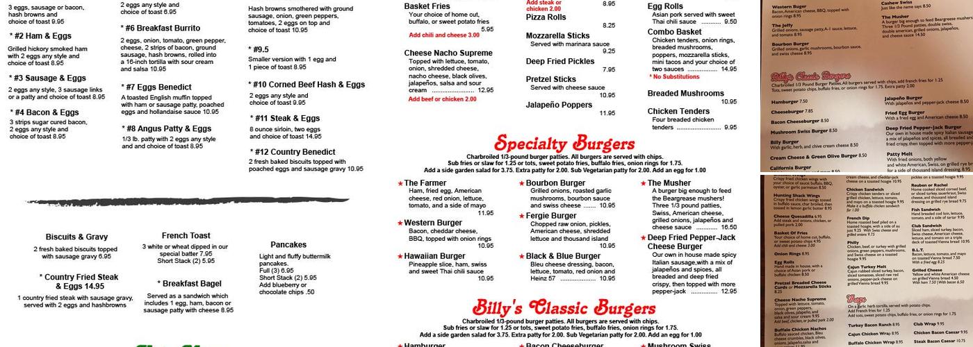 Billy's Menu