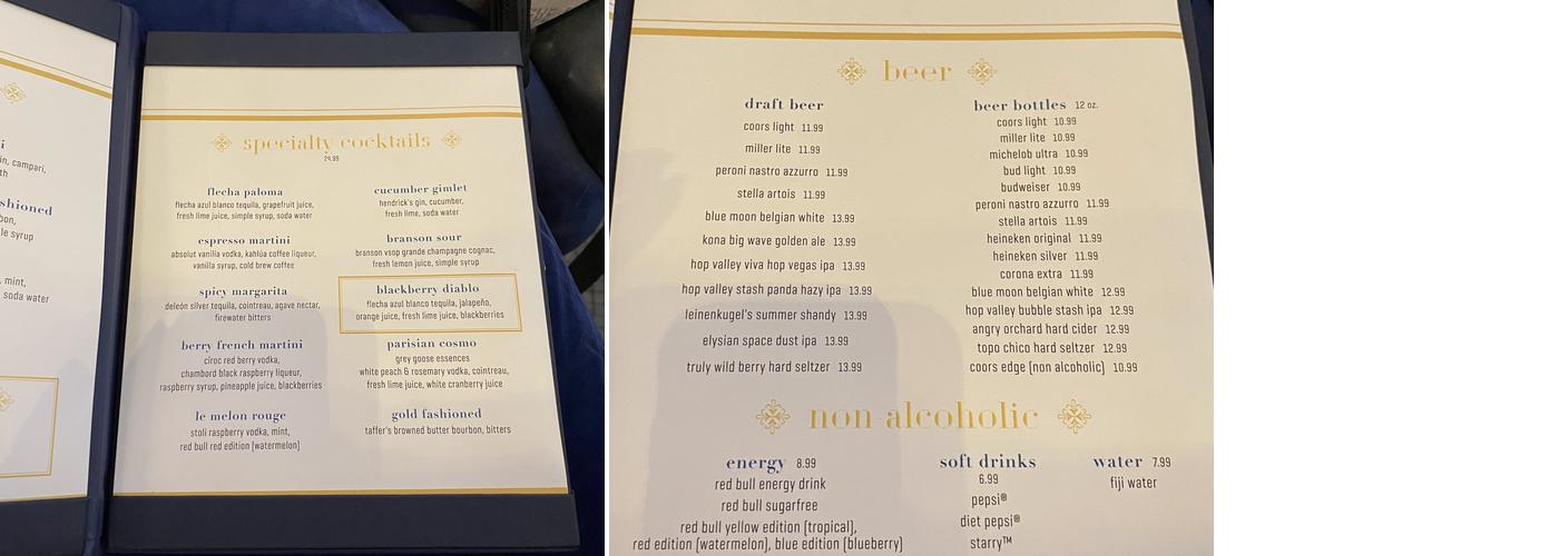 Le Central Bar Menu