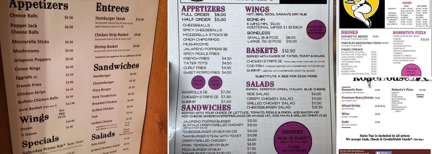 Divide Hill Roadhouse Menu