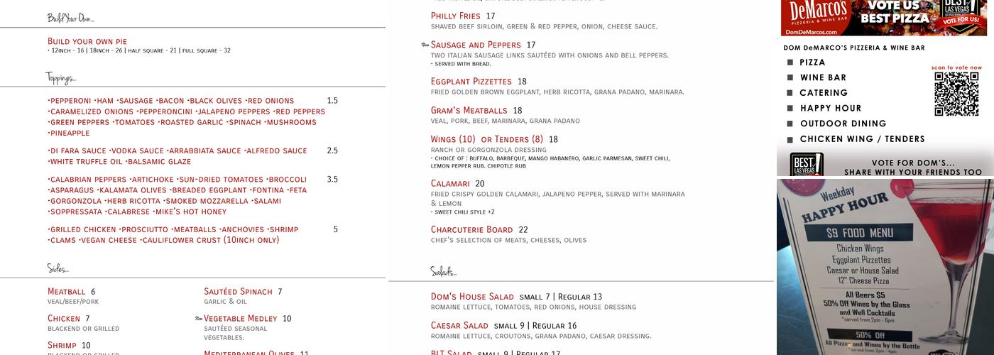 Dom Demarco's Pizzeria & Wine Bar Menu