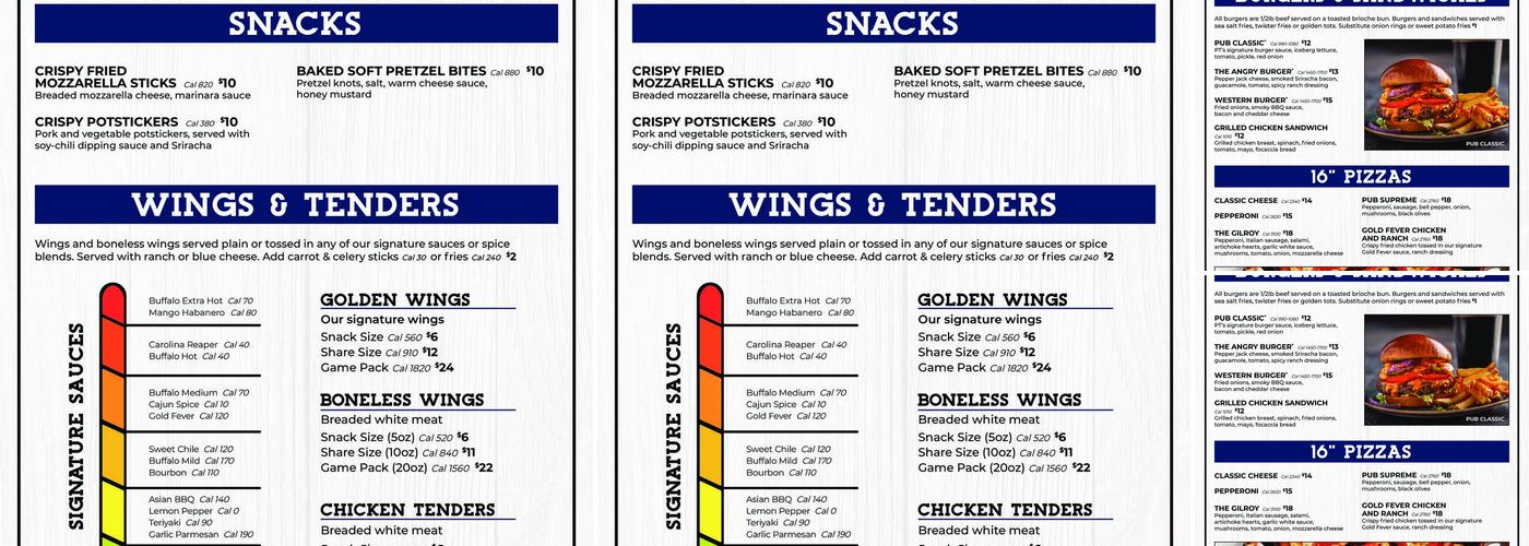 PT's Pub Menu