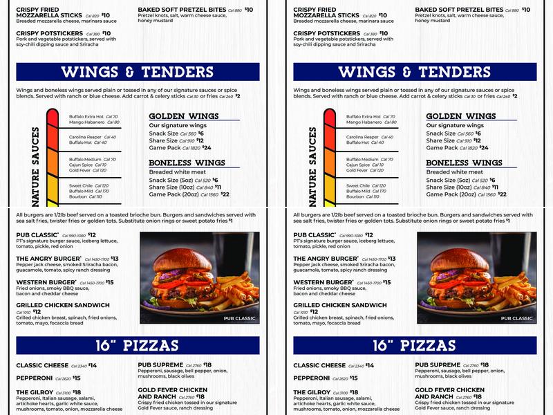 PT's Pub Menu