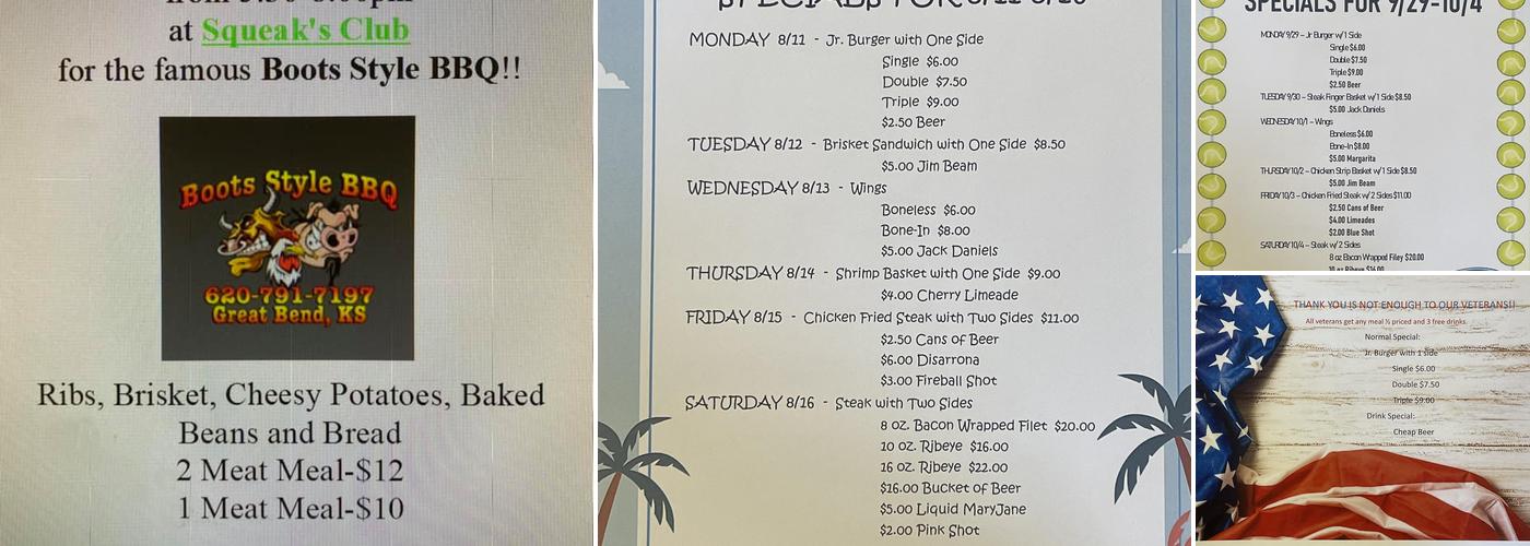 Squeak's Club Inc Menu