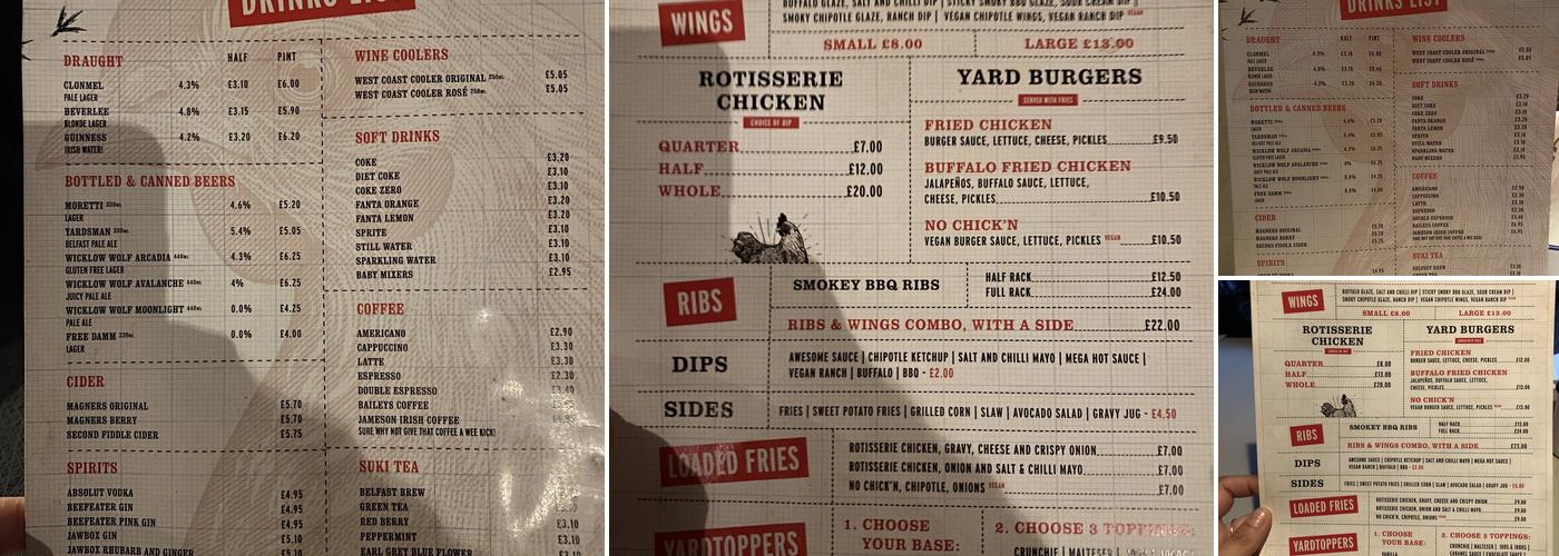 The Dirty Onion and Yardbird Menu