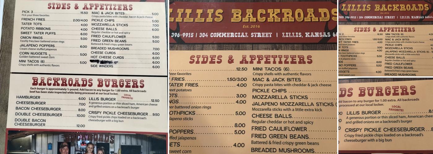 Lillis Backroads Menu