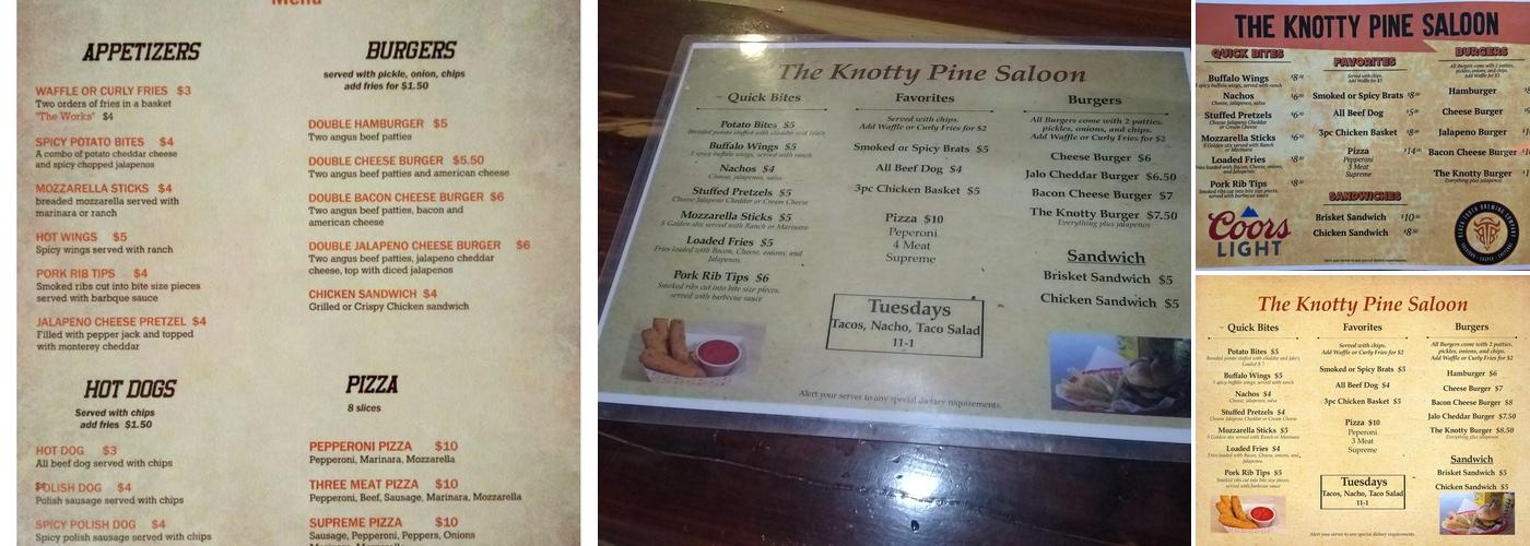 The Knotty Pine Saloon Menu