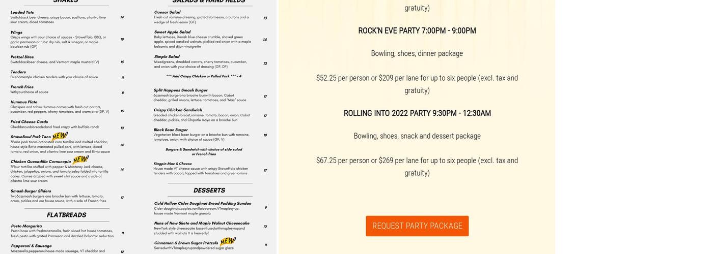 Stowe Bowl Menu