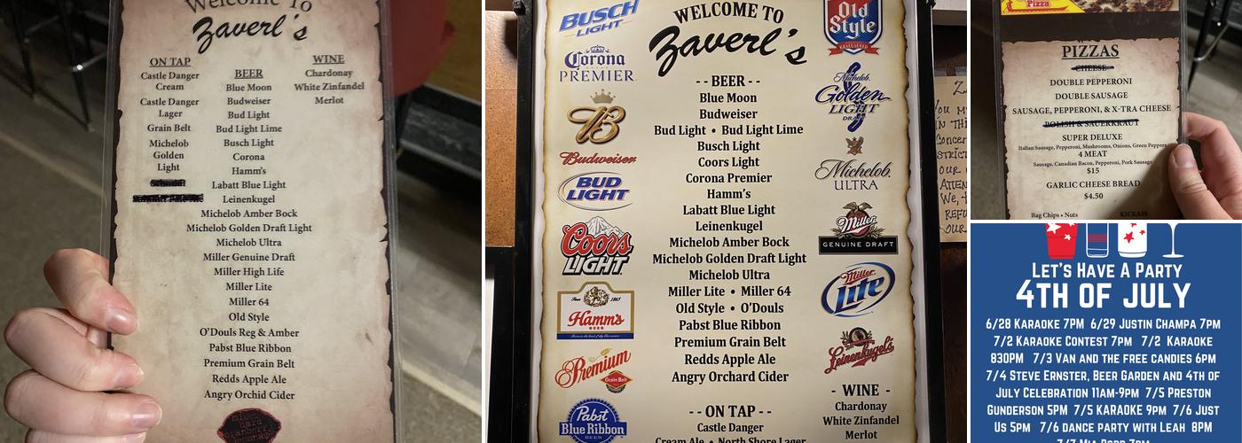Zaverl's Bar Menu