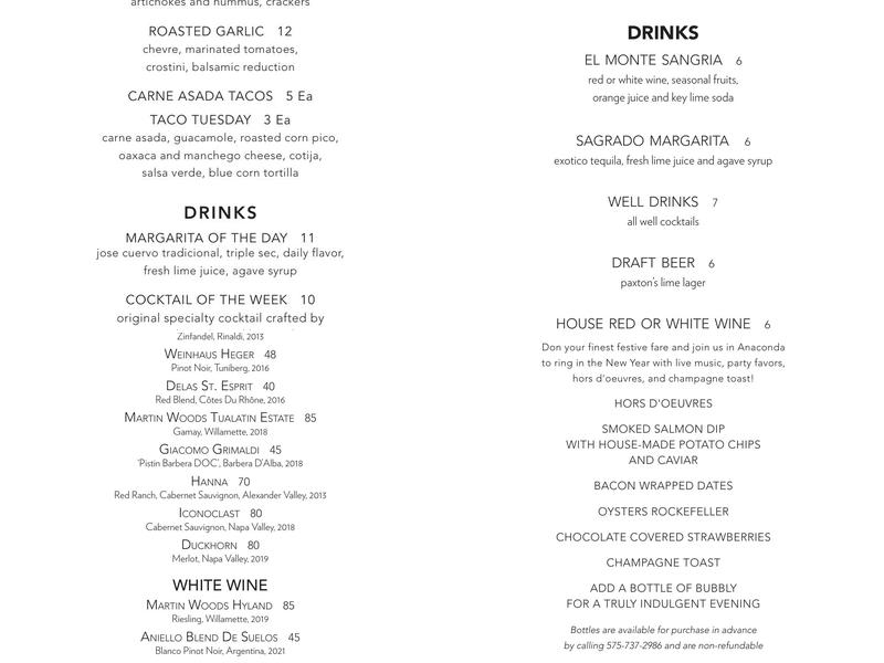 Anaconda Bar Menu