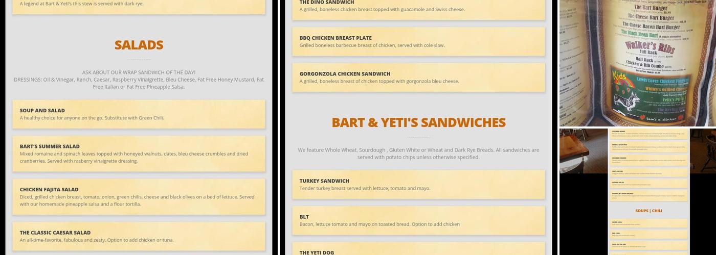 Bart & Yeti's Menu