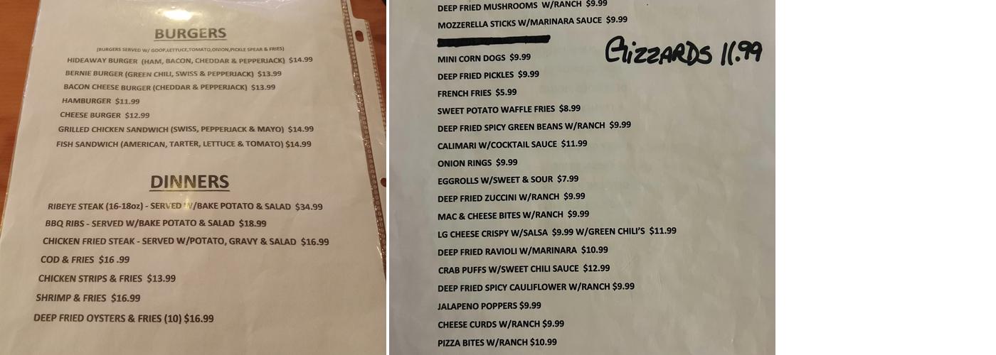 Hideaway Bar & Grill Menu