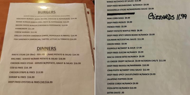 Hideaway Bar & Grill Menu