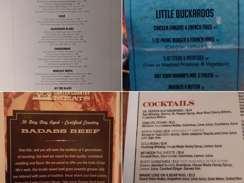 Million Dollar Cowboy Bar Menu