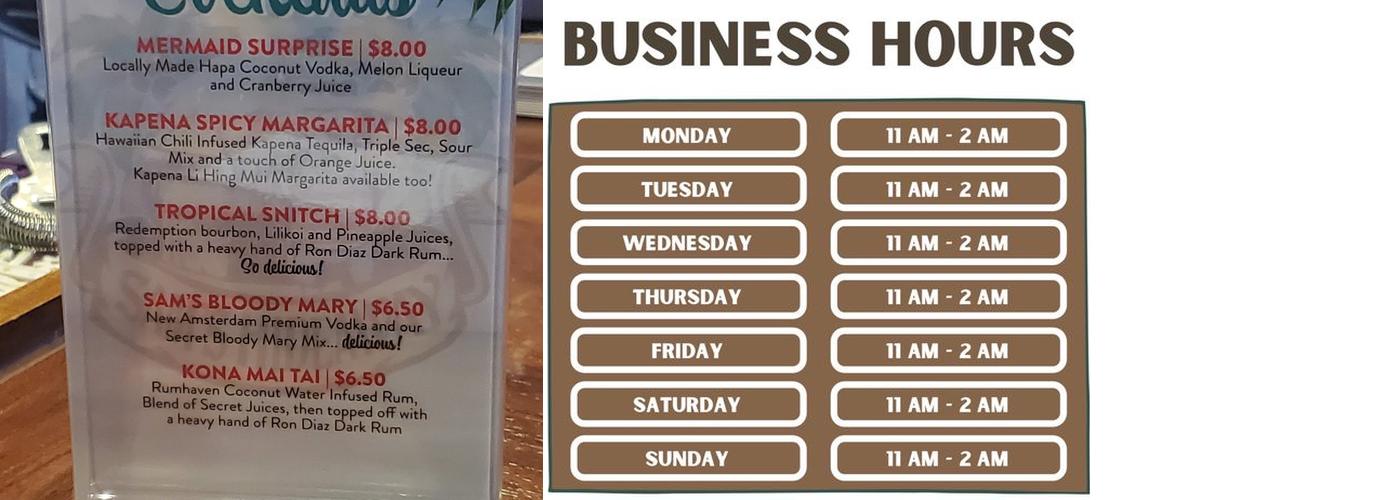 Sam's Hideaway Menu