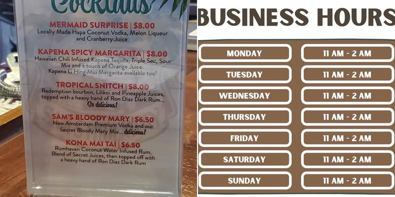 Sam's Hideaway Menu