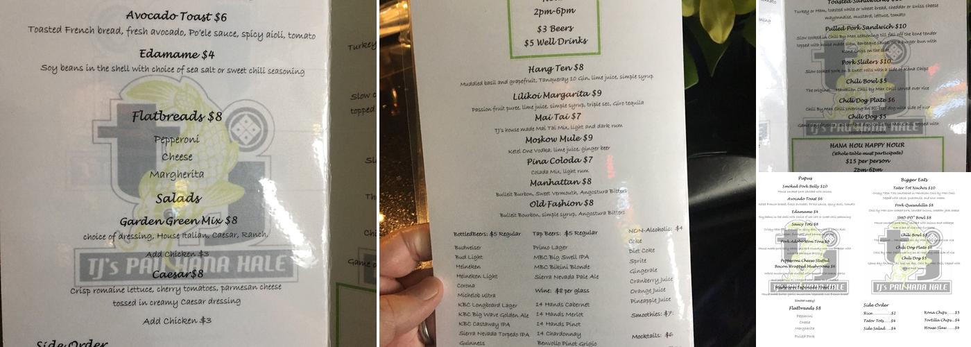 TJ's Pau Hana Hale Menu