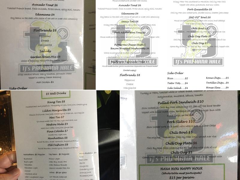 TJ's Pau Hana Hale Menu
