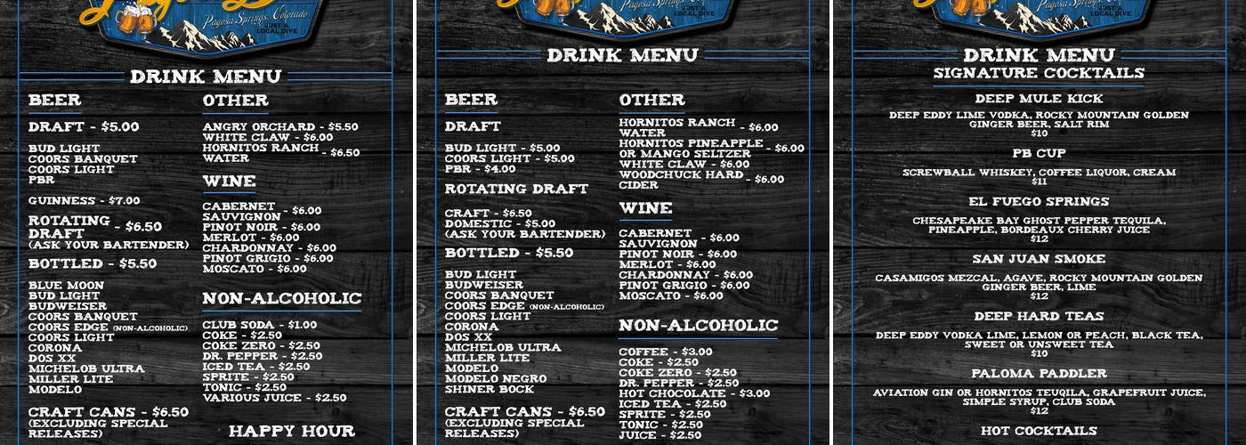 Pagosa Bar Menu