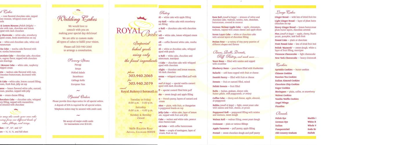 Royal Bakery Menu