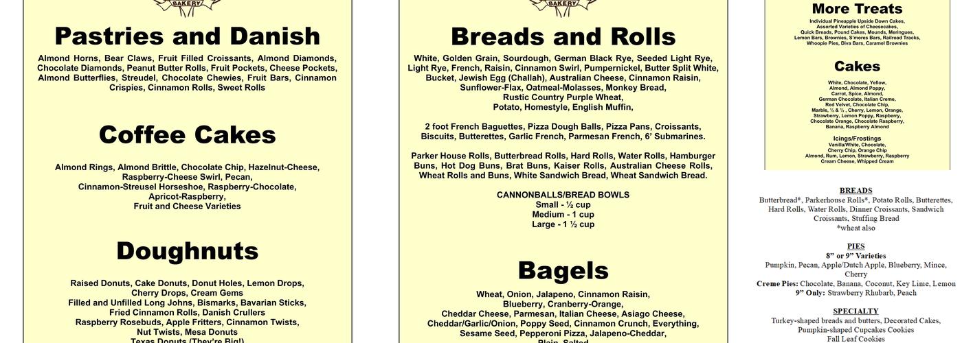 Home Style Bakery Menu