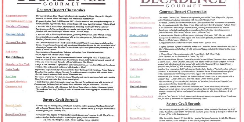 Decadence Gourmet Menu