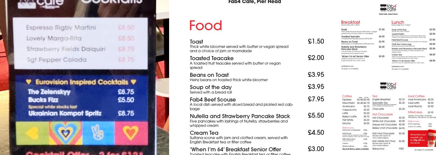 The Fab4 Cafe Menu