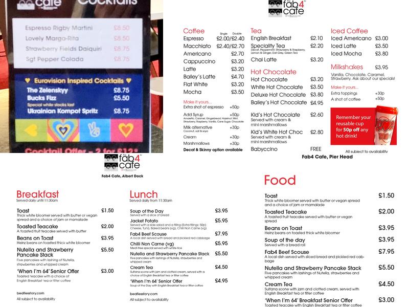 The Fab4 Cafe Menu