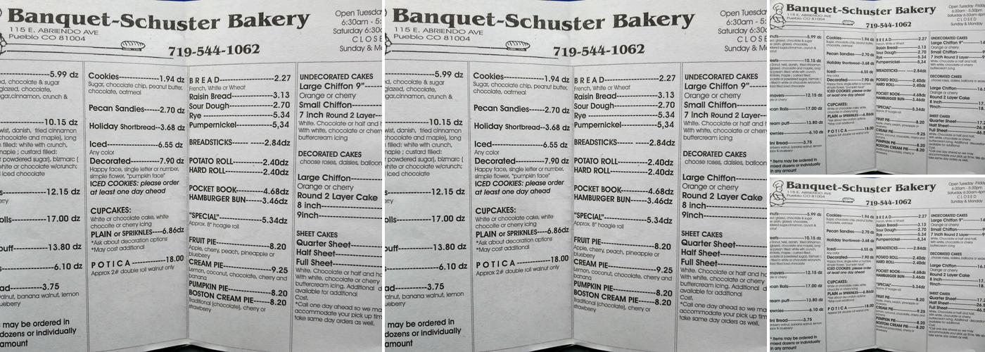 Banquet Schusters Bakery Menu