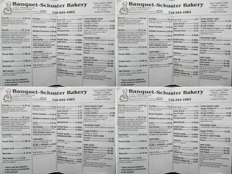 Banquet Schusters Bakery Menu