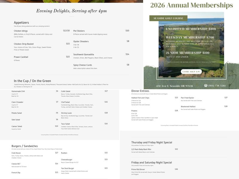 Seaside Golf Course Menu