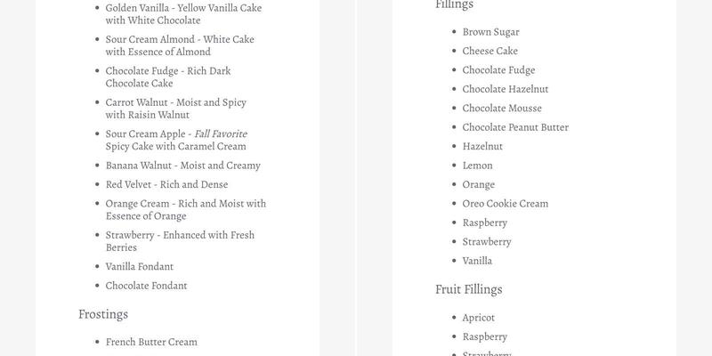Couture Cakes Menu