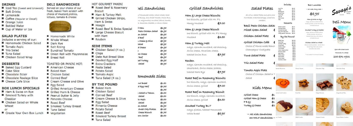 Savage's Bakery Menu