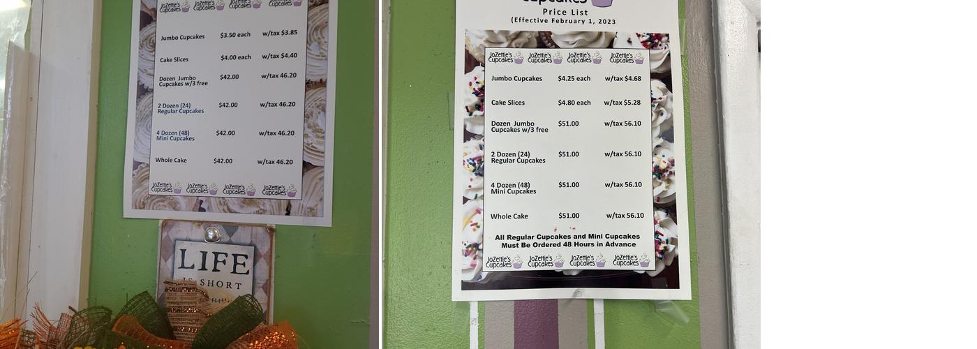 JoZettie's Cupcakes Menu