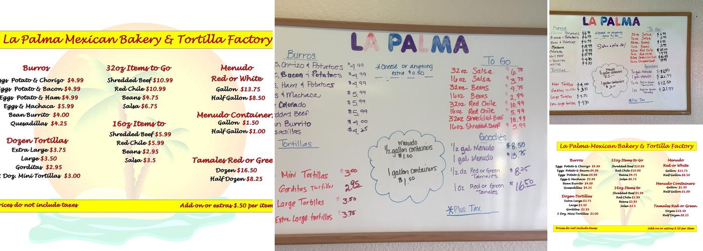 La Palma Tortilla Factory Menu