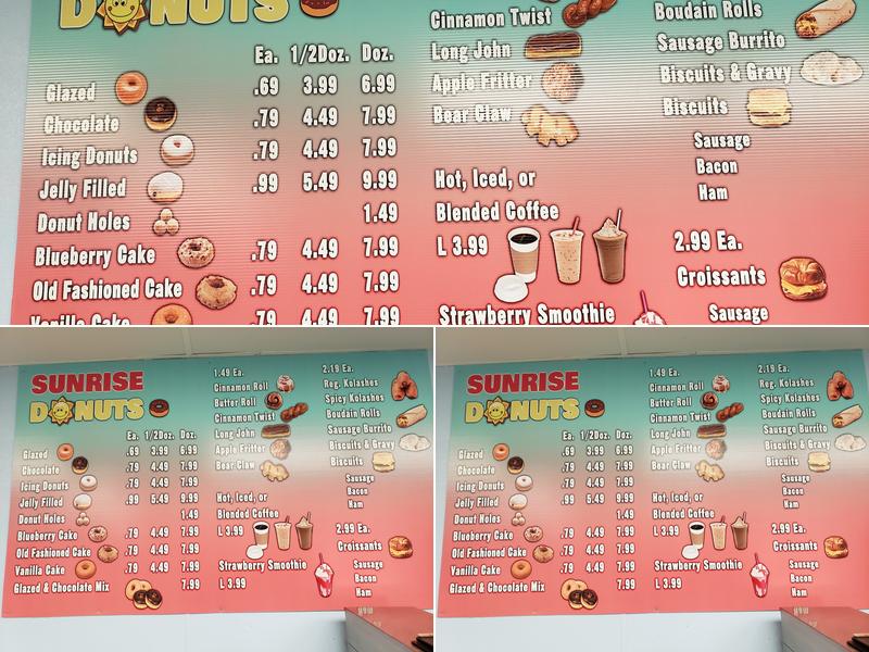 Sunrise Donuts Menu