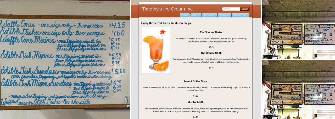 Timothy's Ice Cream Menu