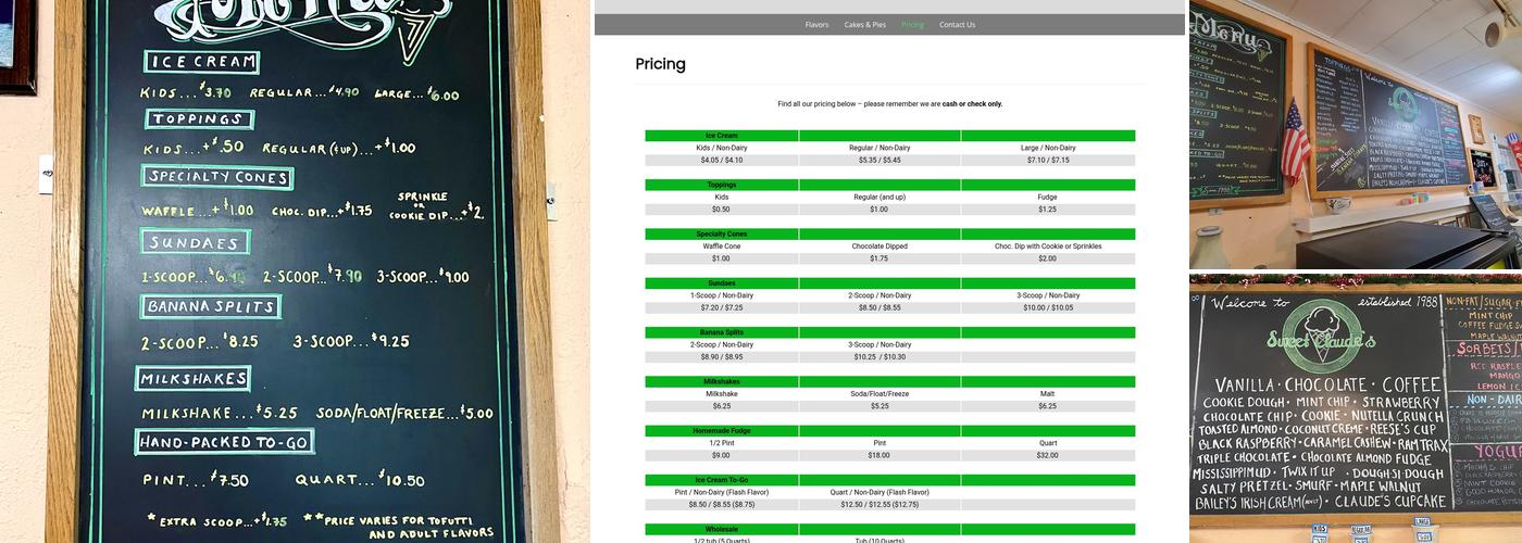 Sweet Claude's Ice Cream Menu