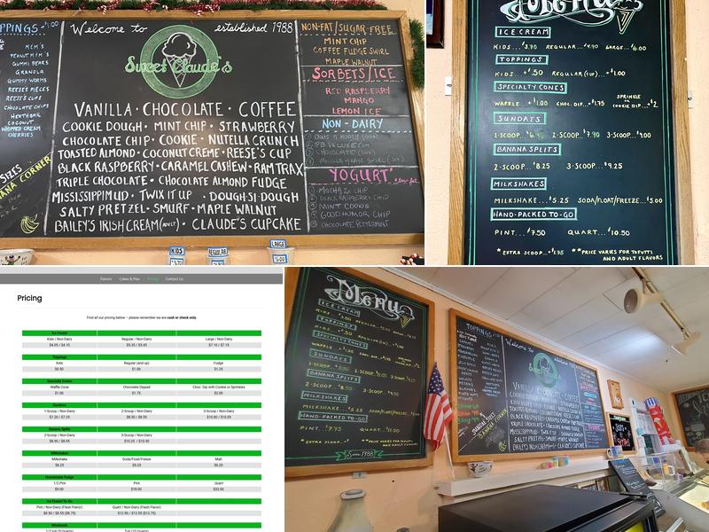 Sweet Claude's Ice Cream Menu