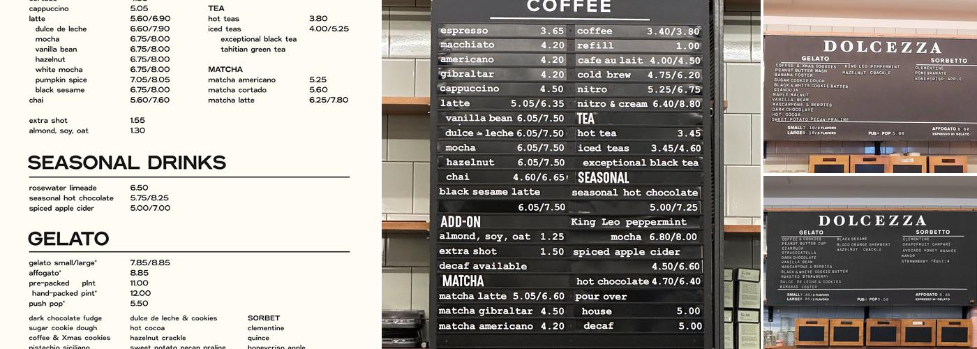 Dolcezza Gelato & Coffee Menu