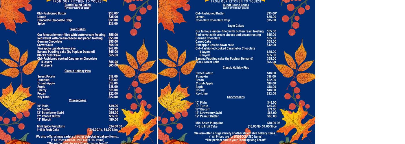 A Piece of Cake Bakery Menu