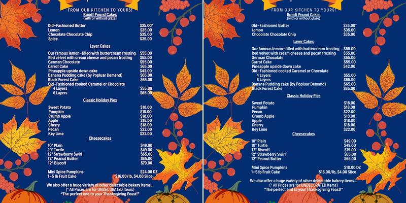 A Piece of Cake Bakery Menu