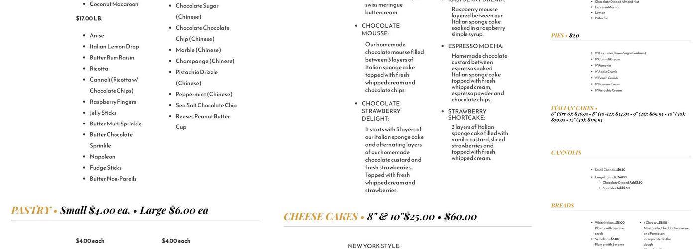 Joseph's Italian Pastry Shop Menu